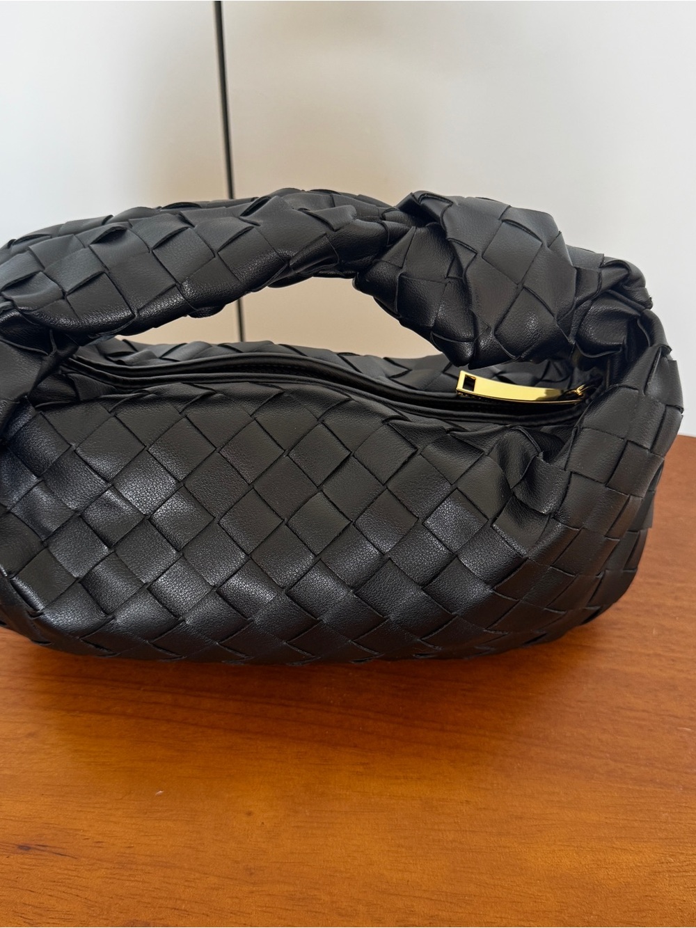 Black Woven Knot-Handle Women's Shoulder Bag